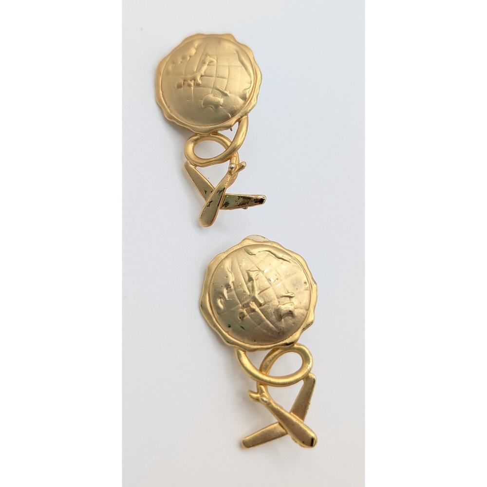 Gold tone clip on earrings World Globe Plane Travel